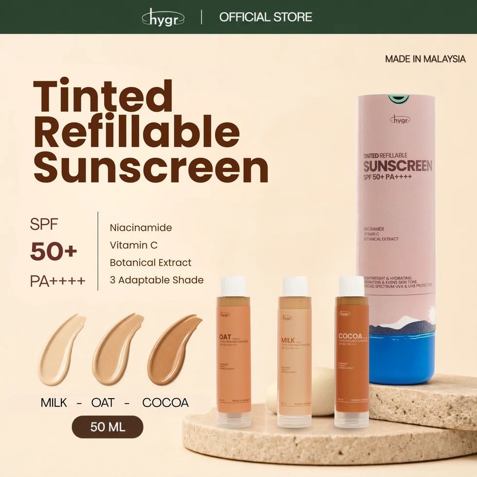 HYGR Tinted Sunscreen SPF50+ 50ml - tinted refillable sunscreen 50ml in Milk, Oat and Cocoa