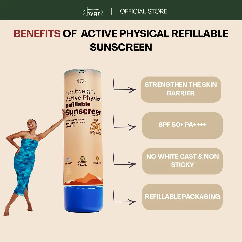HYGR Active Physical Refillable Sunscreen 50ml - benefits: strengthens skin barrier, SPF 50+, no white cast