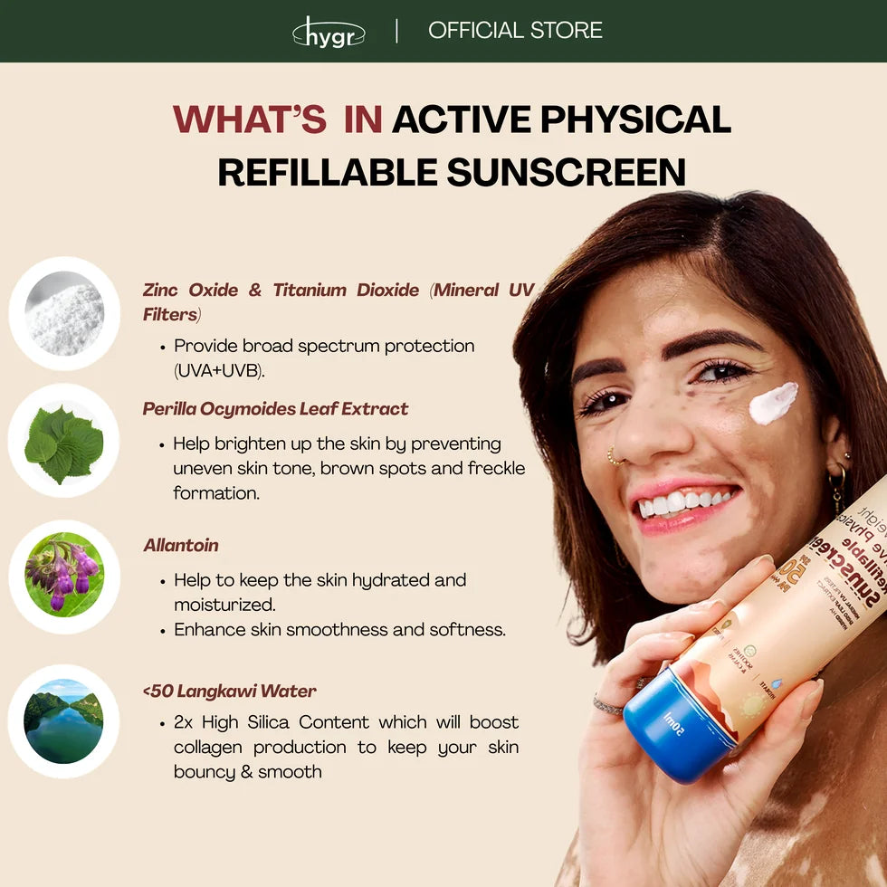 HYGR Active Physical Refillable Sunscreen 50ml - key ingredients: zinc oxide, titanium dioxide, Langkawi water