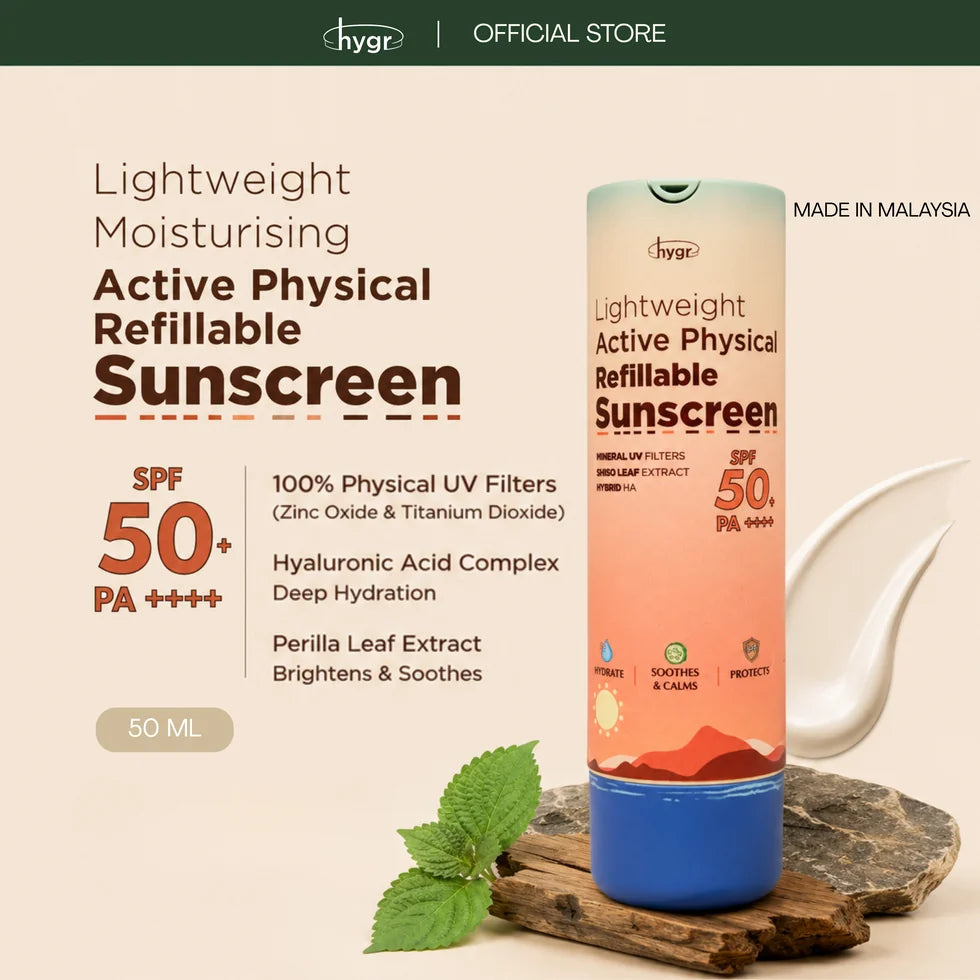HYGR Physical Sunscreen SPF50+ 50ml - Active Physical refillable sunscreen SPF50+ PA++++ 50ml