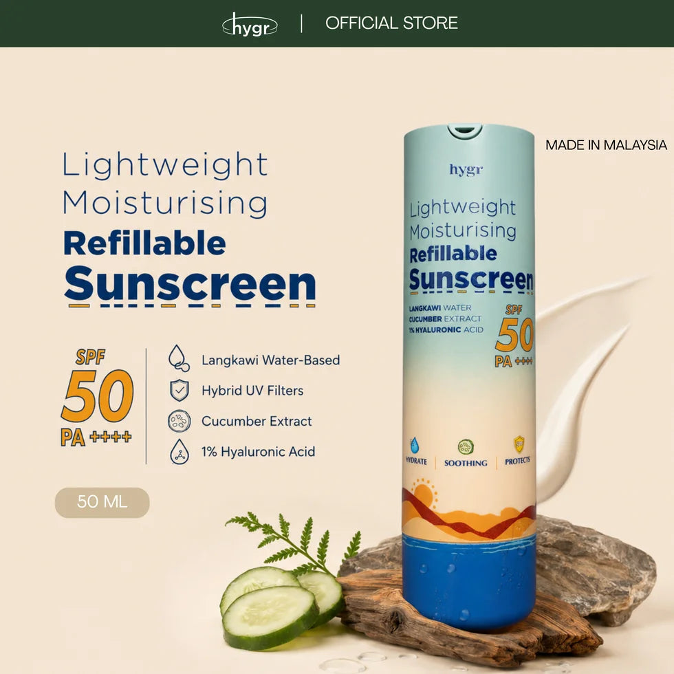 HYGR Hybrid Sunscreen SPF50 50ml - lightweight moisturising refillable sunscreen SPF50 PA++++
