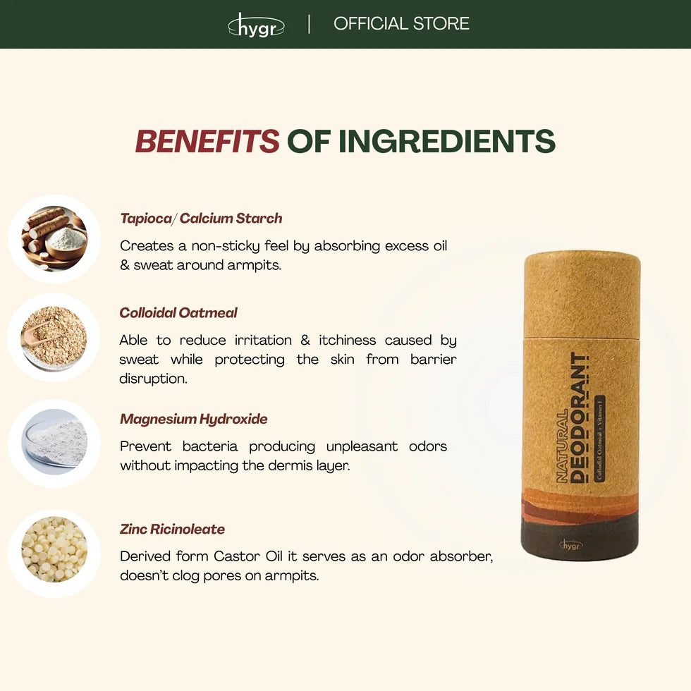 HYGR Natural Deodorant Stick 25g - ingredient benefits: tapioca starch, oatmeal, magnesium hydroxide, zinc