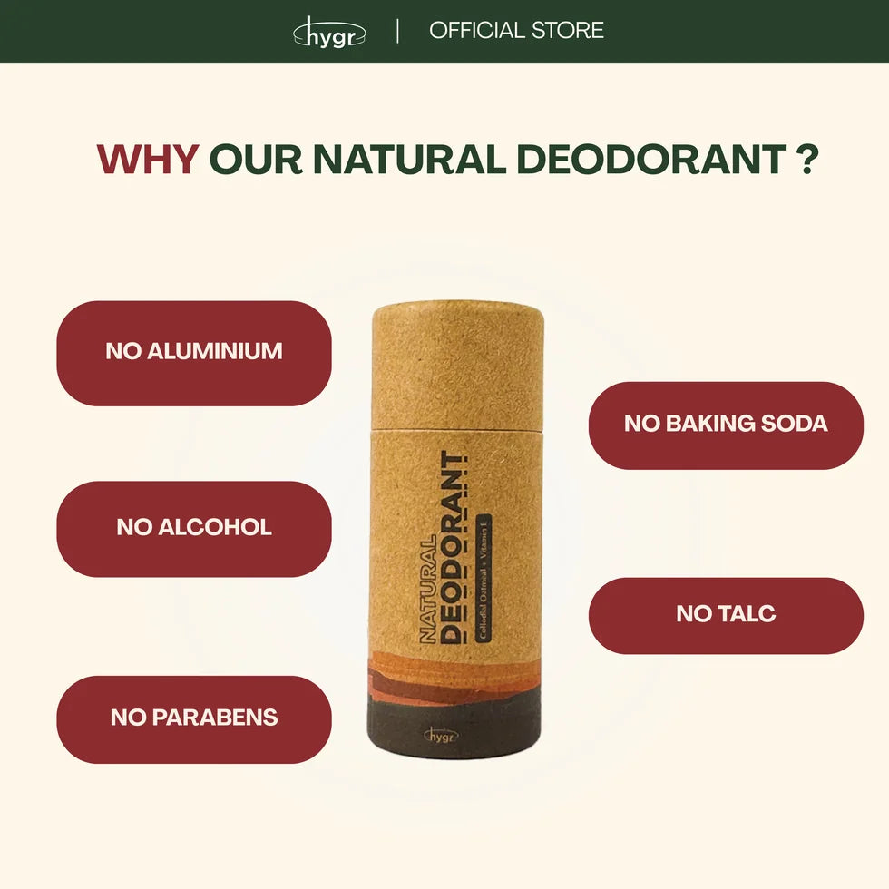HYGR Natural Deodorant Stick 25g - free from aluminium, alcohol, parabens, baking soda and talc