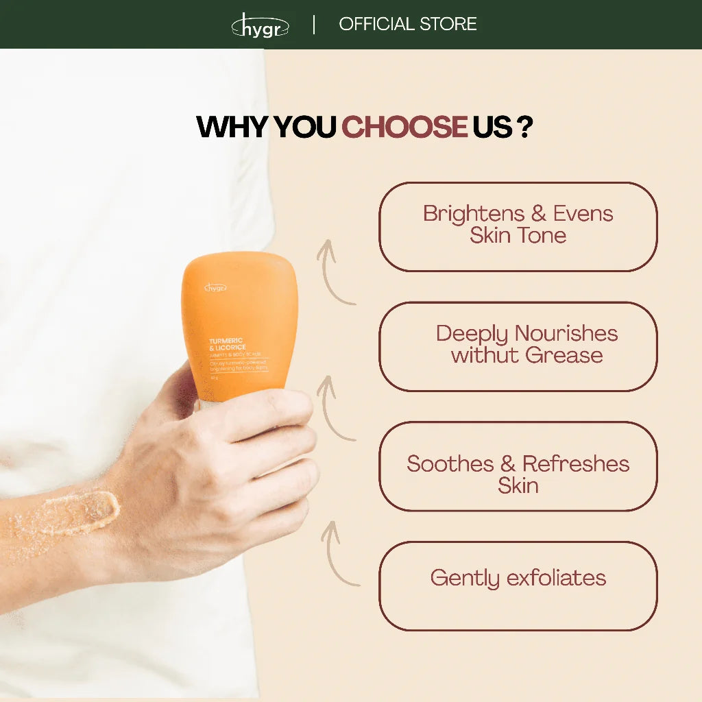 HYGR Turmeric & Licorice Armpits & Body Scrub - why choose it: brightens, nourishes, soothes, gently exfoliates