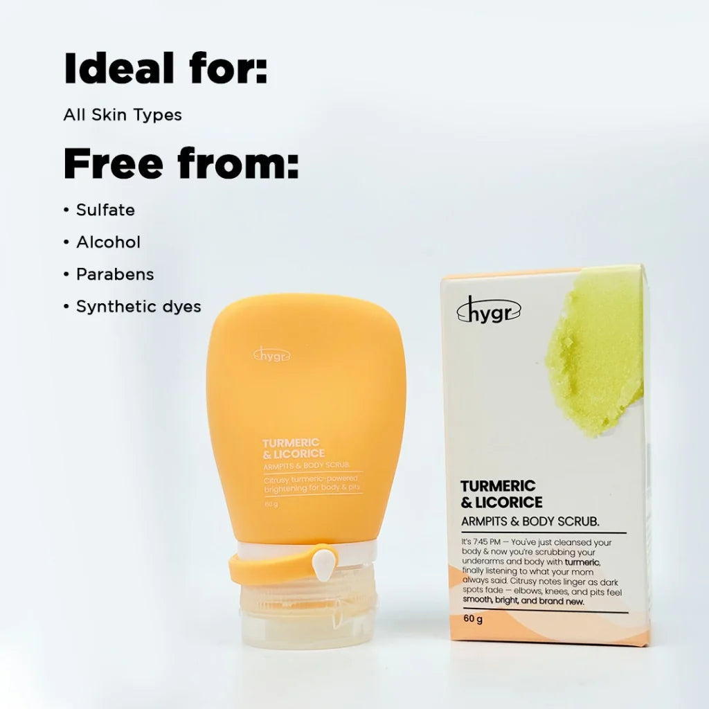 HYGR Turmeric & Licorice Armpits & Body Scrub - for all skin types; free from sulfate, alcohol, parabens, dyes